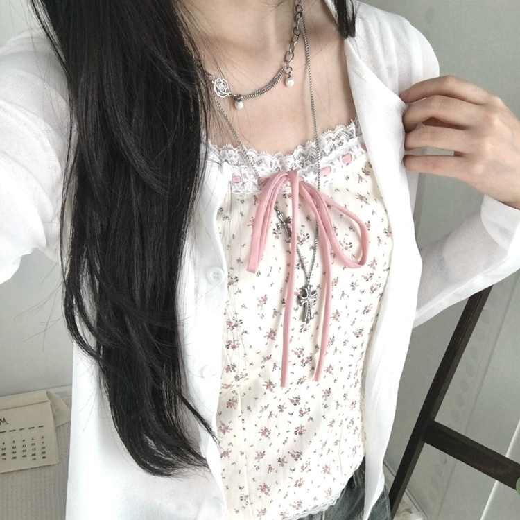 【SET】フラワーリボンキャミソール＋カーディガン WHITE