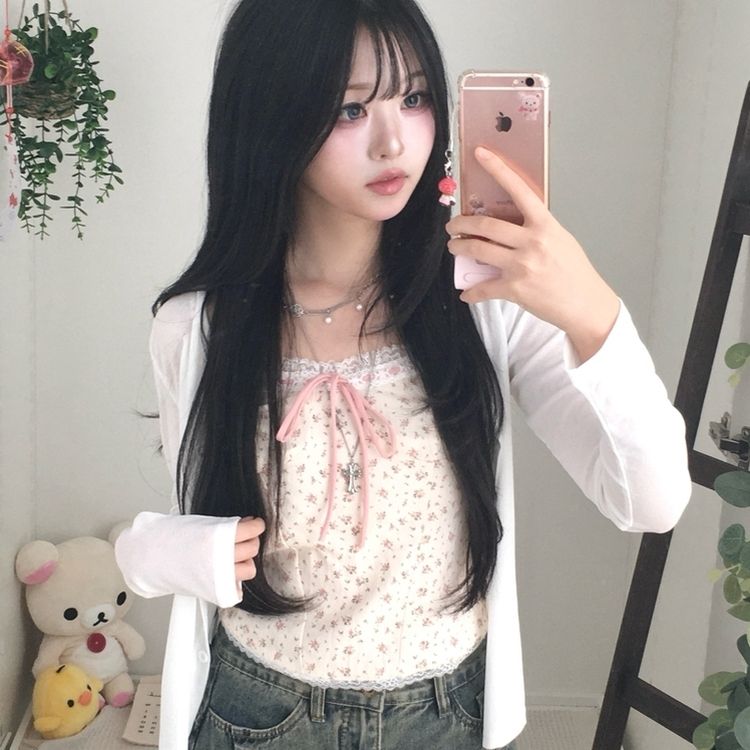 【SET】フラワーリボンキャミソール＋カーディガン WHITE