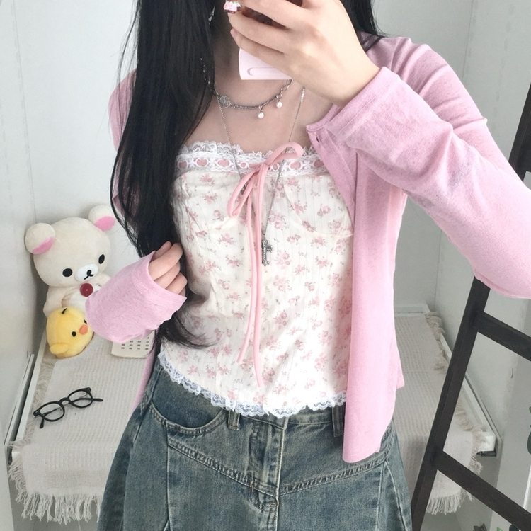 【SET】フラワーリボンキャミソール＋カーディガン PINK