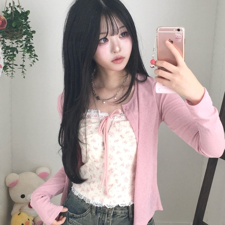 【SET】フラワーリボンキャミソール＋カーディガン PINK