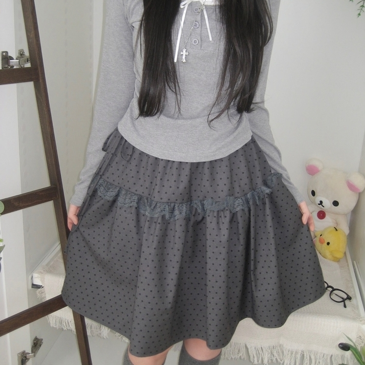 무채색 도트 사이드리본 밴딩 레이스 캉캉 미디 스커트 봄 여름 가을 겨울 하객 개강 일 그레이