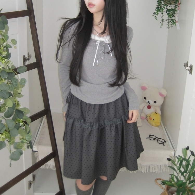 무채색 도트 사이드리본 밴딩 레이스 캉캉 미디 스커트 봄 여름 가을 겨울 하객 개강 일 그레이