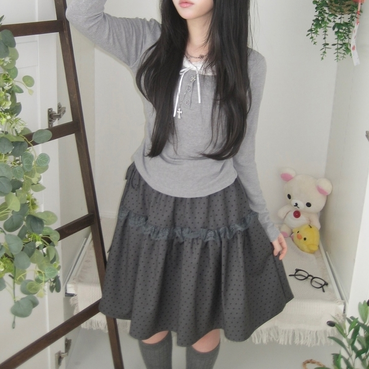 무채색 도트 사이드리본 밴딩 레이스 캉캉 미디 스커트 봄 여름 가을 겨울 하객 개강 일 그레이