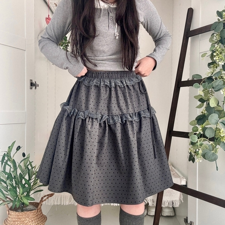 무채색 도트 사이드리본 밴딩 레이스 캉캉 미디 스커트 봄 여름 가을 겨울 하객 개강 일 그레이