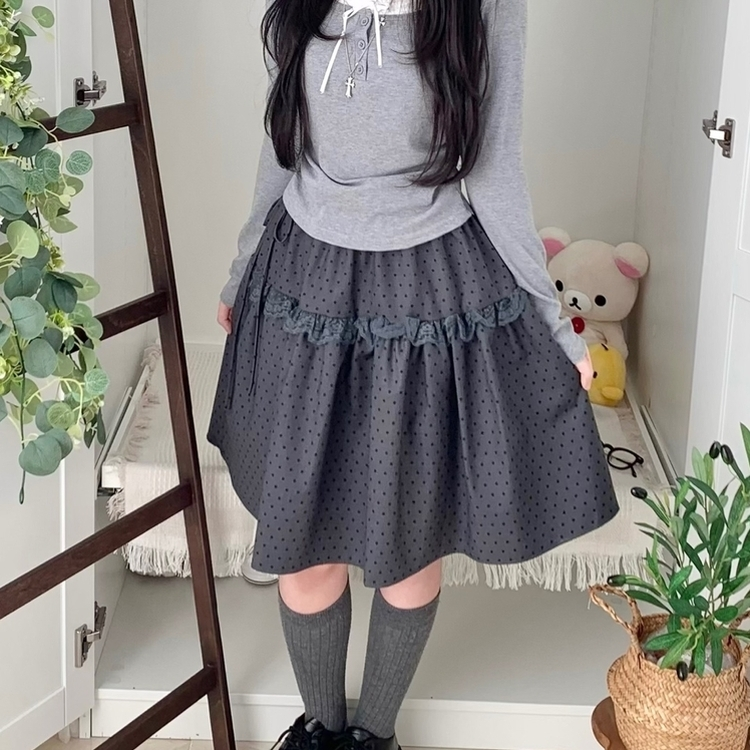 무채색 도트 사이드리본 밴딩 레이스 캉캉 미디 스커트 봄 여름 가을 겨울 하객 개강 일 그레이