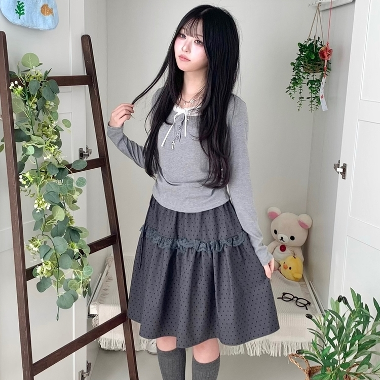 무채색 도트 사이드리본 밴딩 레이스 캉캉 미디 스커트 봄 여름 가을 겨울 하객 개강 일 그레이