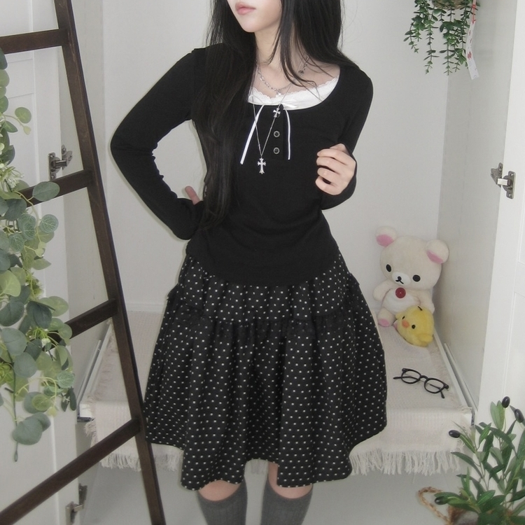 무채색 도트 사이드리본 밴딩 레이스 캉캉 미디 스커트 봄 여름 가을 겨울 하객 개강 일 블랙