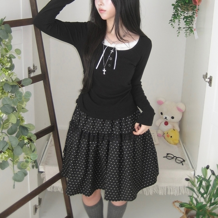 무채색 도트 사이드리본 밴딩 레이스 캉캉 미디 스커트 봄 여름 가을 겨울 하객 개강 일 블랙