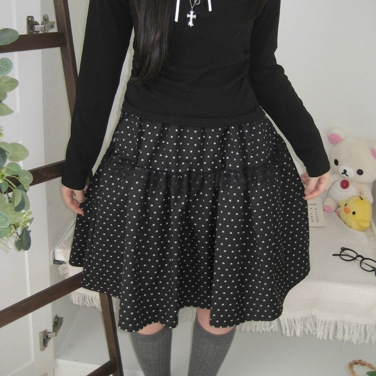무채색 도트 사이드리본 밴딩 레이스 캉캉 미디 스커트 봄 여름 가을 겨울 하객 개강 일 블랙