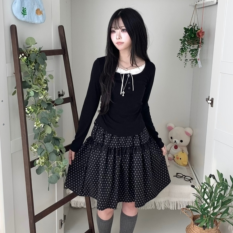 무채색 도트 사이드리본 밴딩 레이스 캉캉 미디 스커트 봄 여름 가을 겨울 하객 개강 일 블랙