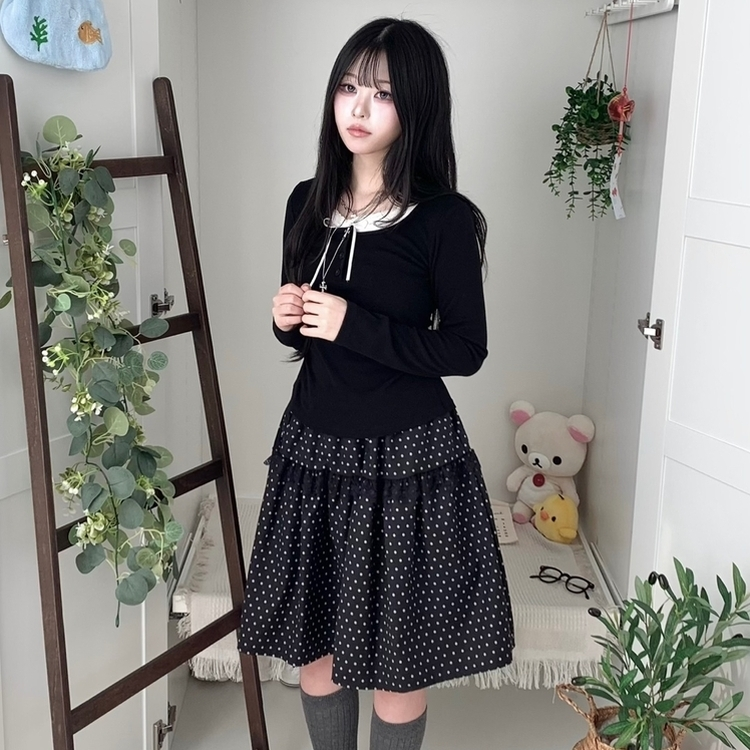 무채색 도트 사이드리본 밴딩 레이스 캉캉 미디 스커트 봄 여름 가을 겨울 하객 개강 일 블랙