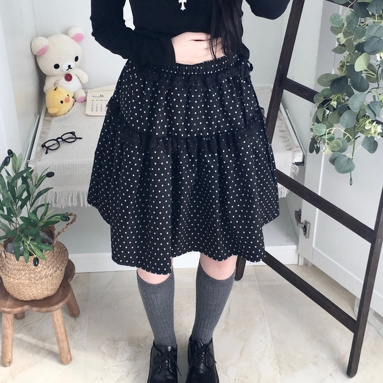 무채색 도트 사이드리본 밴딩 레이스 캉캉 미디 스커트 봄 여름 가을 겨울 하객 개강 일 블랙