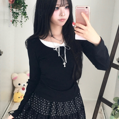 スリムリボン長袖Tシャツ(6color) BLACK