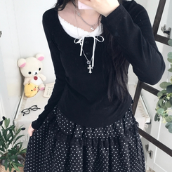 スリムリボン長袖Tシャツ(6color) BLACK