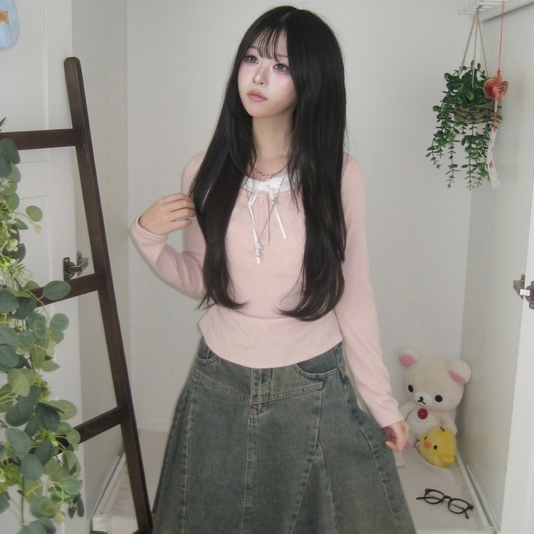 スリムリボン長袖Tシャツ(6color) PINK