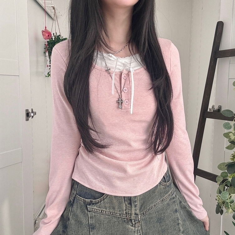 スリムリボン長袖Tシャツ(6color) PINK