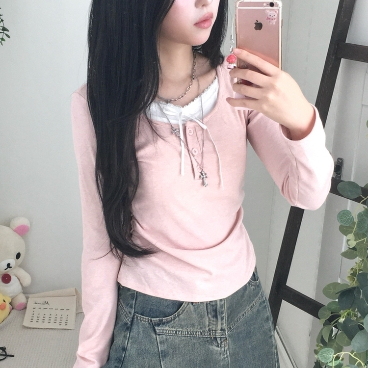 スリムリボン長袖Tシャツ(6color) PINK