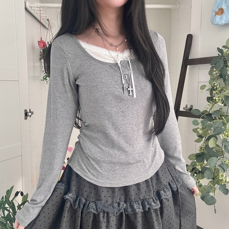 スリムリボン長袖Tシャツ(6color) GREY