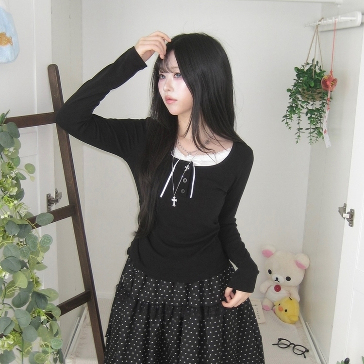 スリムリボン長袖Tシャツ(6color) BLACK