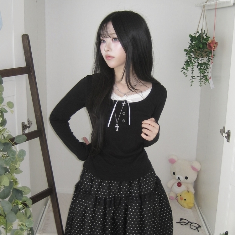 スリムリボン長袖Tシャツ(6color) BLACK