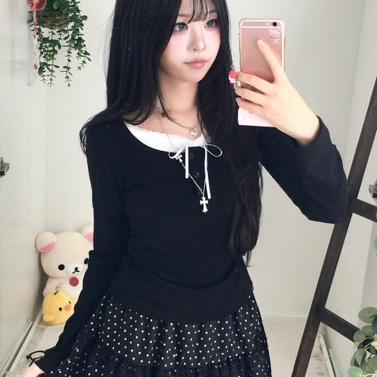 スリムリボン長袖Tシャツ(6color) BLACK