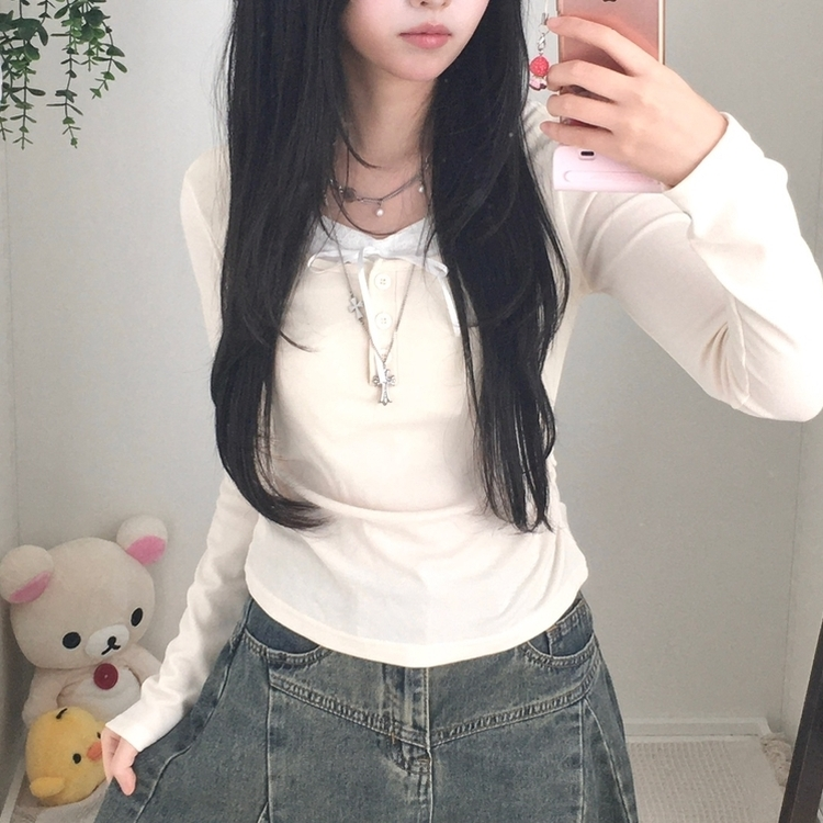 スリムリボン長袖Tシャツ(6color) BEIGE