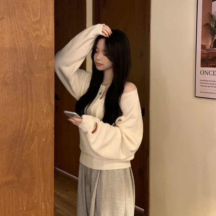 여리여리 울 아방핏 헨리넥 레더 손목패치 오버핏 벌룬 봄니트 아이보리