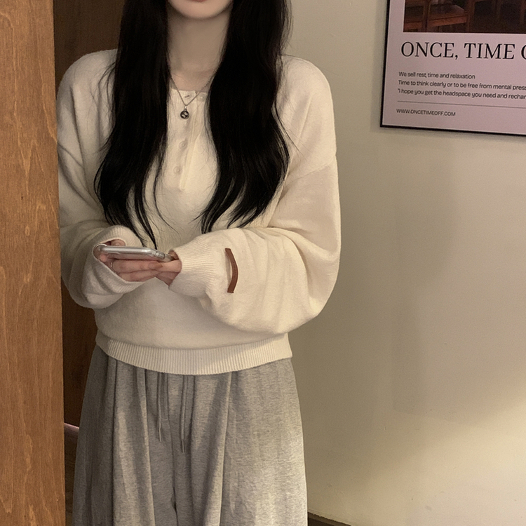 여리여리 울 아방핏 헨리넥 레더 손목패치 오버핏 벌룬 봄니트 아이보리