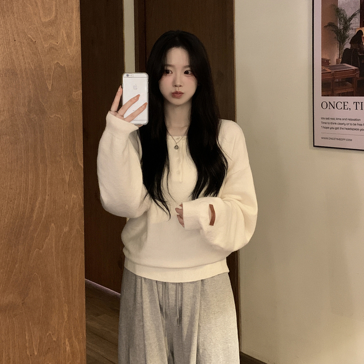 여리여리 울 아방핏 헨리넥 레더 손목패치 오버핏 벌룬 봄니트 아이보리