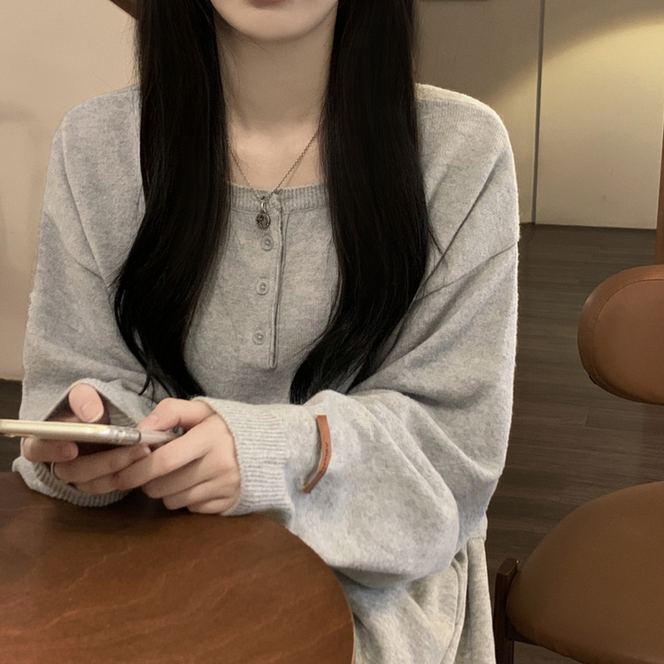 여리여리 울 아방핏 헨리넥 레더 손목패치 오버핏 벌룬 봄니트 회소라