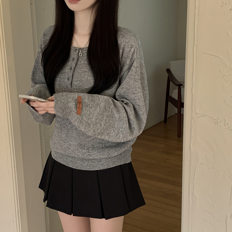 여리여리 울 아방핏 헨리넥 레더 손목패치 오버핏 벌룬 봄니트 그레이