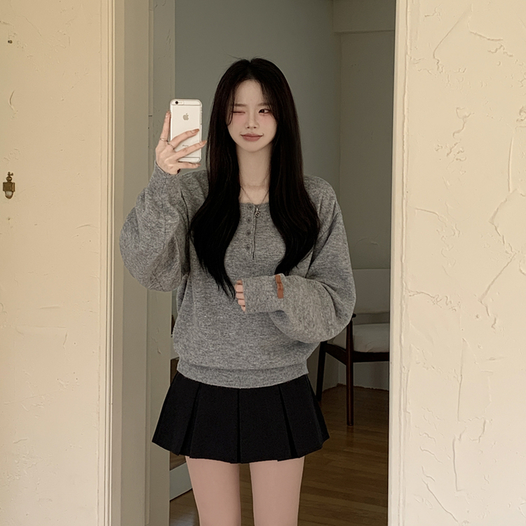 여리여리 울 아방핏 헨리넥 레더 손목패치 오버핏 벌룬 봄니트 그레이