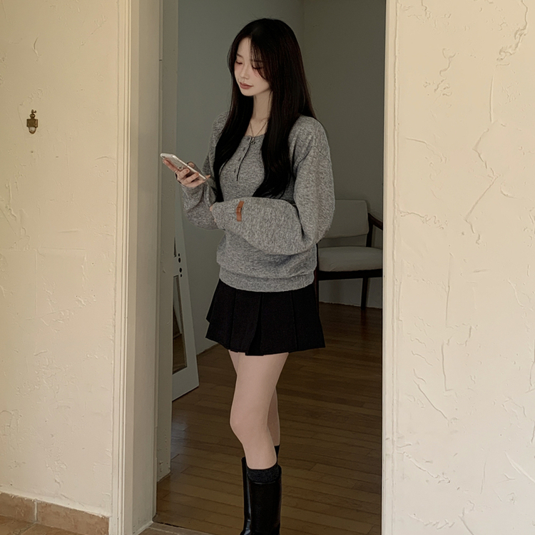 여리여리 울 아방핏 헨리넥 레더 손목패치 오버핏 벌룬 봄니트 그레이