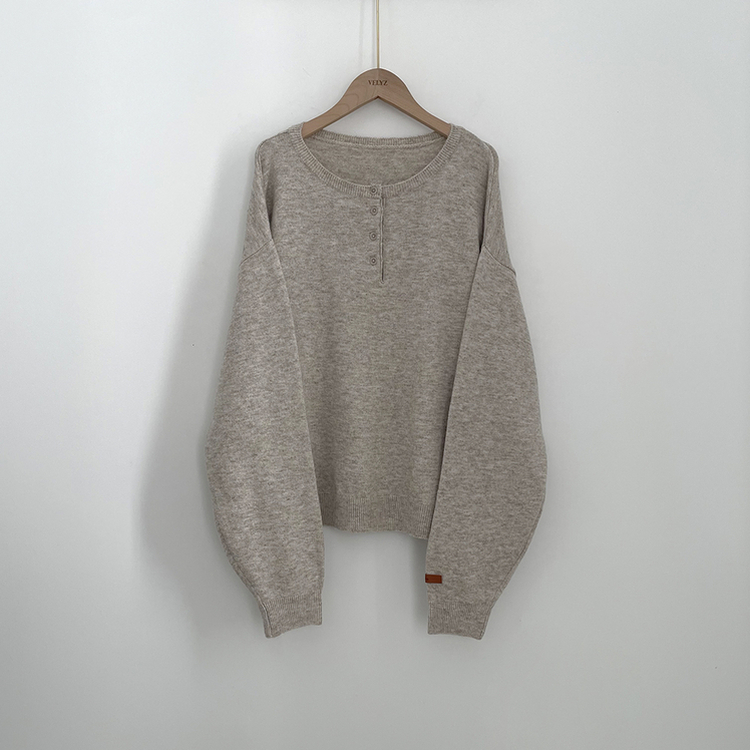 여리여리 울 아방핏 헨리넥 레더 손목패치 오버핏 벌룬 봄니트