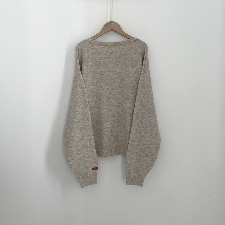 여리여리 울 아방핏 헨리넥 레더 손목패치 오버핏 벌룬 봄니트