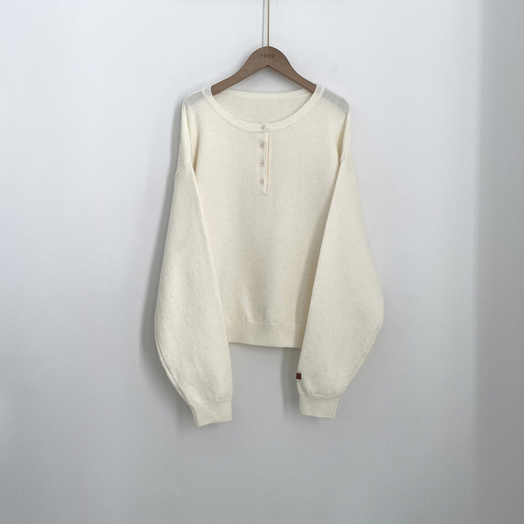 여리여리 울 아방핏 헨리넥 레더 손목패치 오버핏 벌룬 봄니트