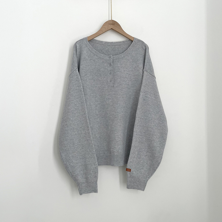 여리여리 울 아방핏 헨리넥 레더 손목패치 오버핏 벌룬 봄니트