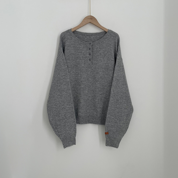 여리여리 울 아방핏 헨리넥 레더 손목패치 오버핏 벌룬 봄니트