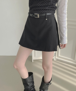 【ベルト付き】【ベルト付き】サイドスリットスカートパンツ BLACK