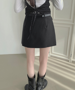 【ベルト付き】【ベルト付き】サイドスリットスカートパンツ BLACK