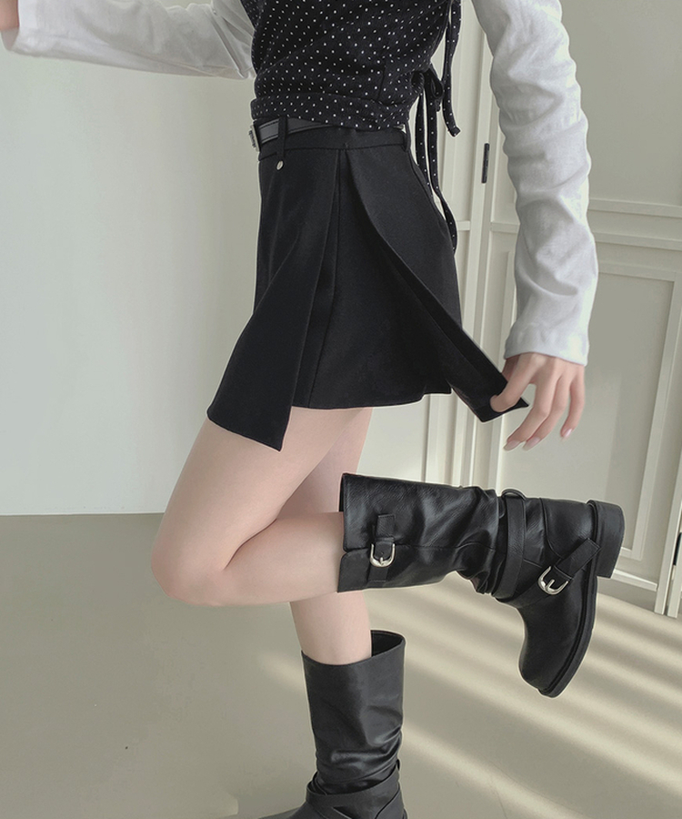 【ベルト付き】【ベルト付き】サイドスリットスカートパンツ BLACK