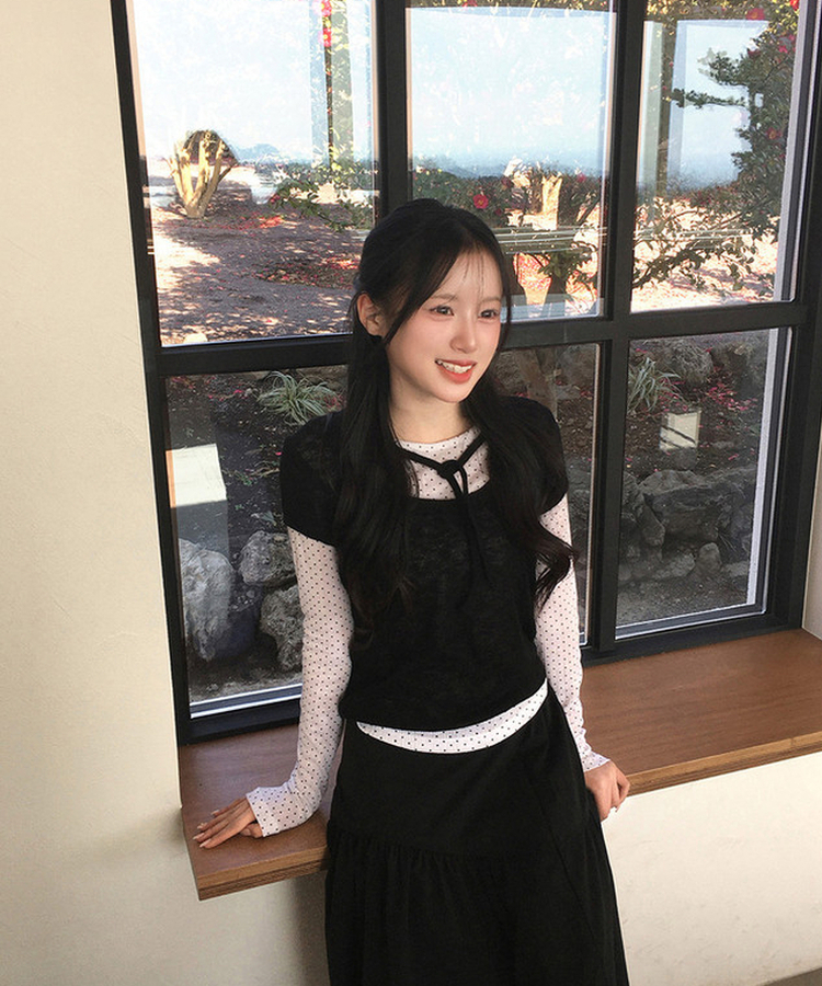 【SET】ドットストリングレイヤードTシャツ BLACK