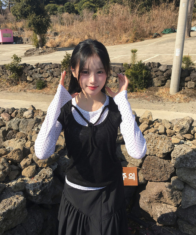 【SET】ドットストリングレイヤードTシャツ BLACK