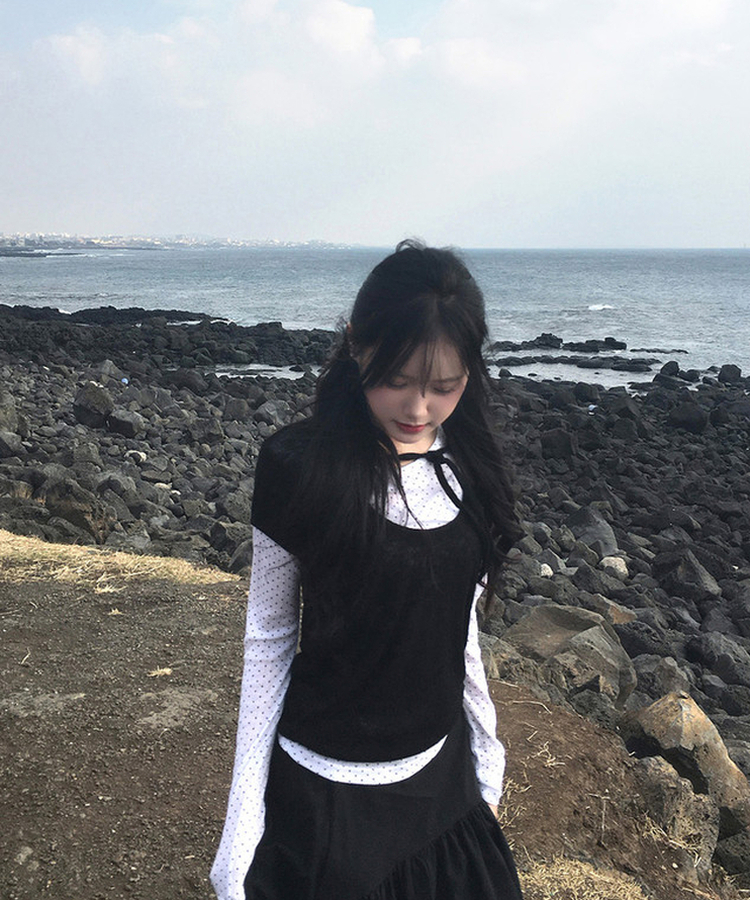 【SET】ドットストリングレイヤードTシャツ BLACK