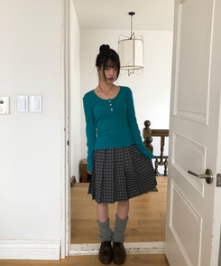 プリーツチェックミディスカート BLACK