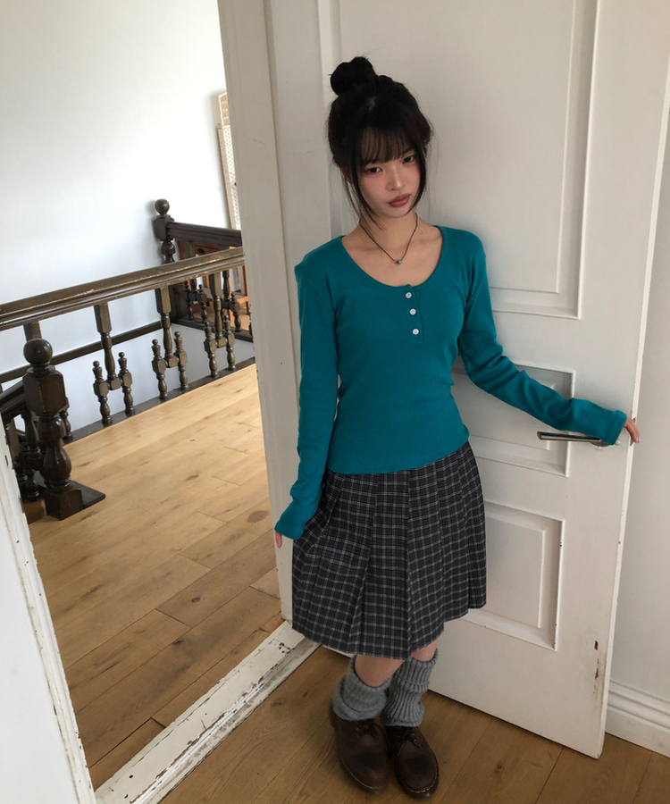 プリーツチェックミディスカート BLACK