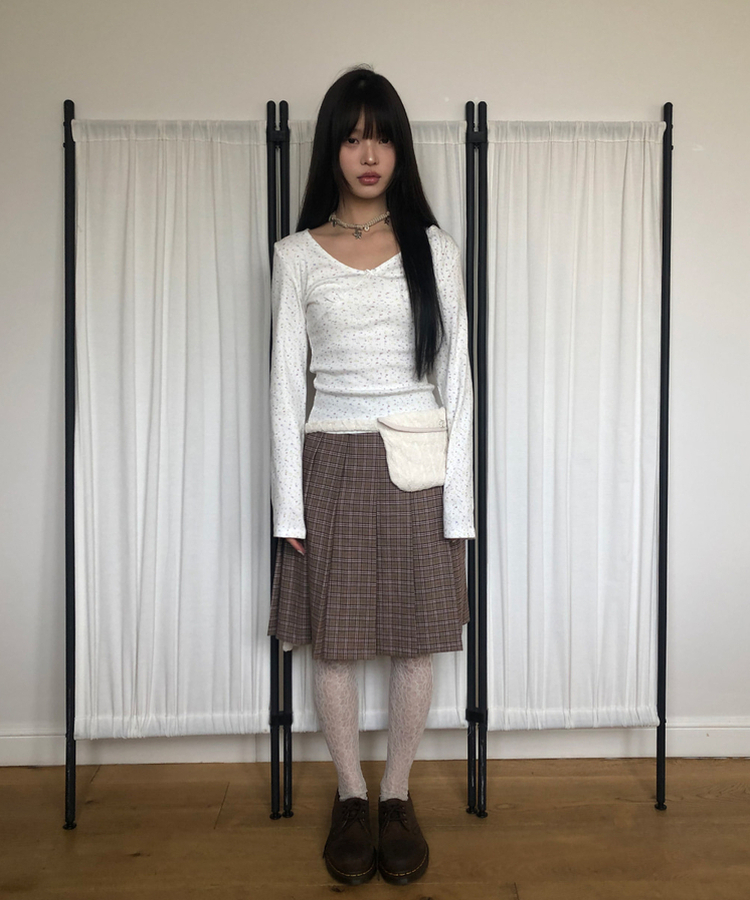 プリーツチェックミディスカート BEIGE