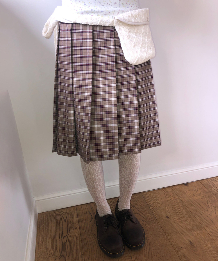 プリーツチェックミディスカート BEIGE