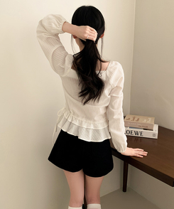 スクエアネックパフフリル長袖ブラウス WHITE