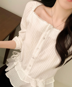 スクエアネックパフフリル長袖ブラウス WHITE